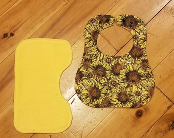 Sunflower Baby Bib and Burp Cloth Set: Cotton Flannel, Dual Snap Bib