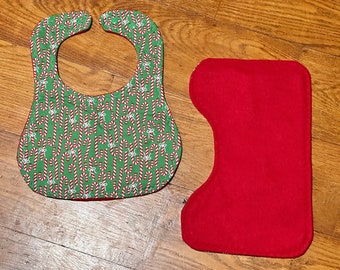 Candy Cane Baby Bib and Burp Cloth Set, Holiday Cotton Fleece