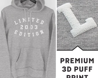 21st Birthday Hoodie, 2003 Sweatshirt, 21st Birthday Gift, Limited Edition 2003 Hoodie with Premium 3D Puff Print by Mr Porkys™