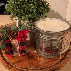 red truck/christmas decor/home decor/farmhouse/rustic/galvanized/handpoured/homemade/soy/gift/candle/3 wick/christmas gift