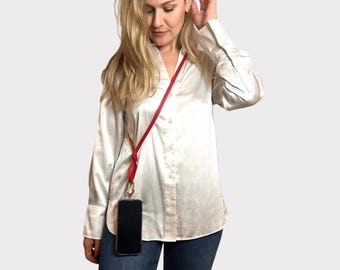 Premium leather lanyard, handmade leather cell phone lanyard with elegant carabiner in various colors, can be used individually