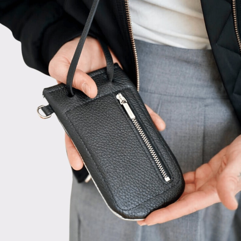 echt Leder Handy Tasche mit Geld und Kartenfach, Schwarz und Silber Leder Handytasche, MiniTasche mit Geldbeutel, clevere Ausgehtasche kompakt, minimalistisches Design, Crossbody Phone bag, genuine leather phone bag