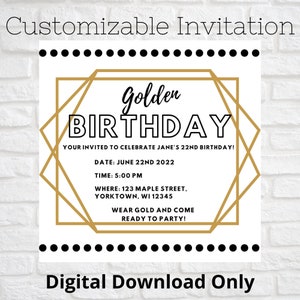 Goldene Geburtstagsparty Einladung - schlicht geometrisch, gold quadratisch, personalisierbar, editierbar, digitaler Download