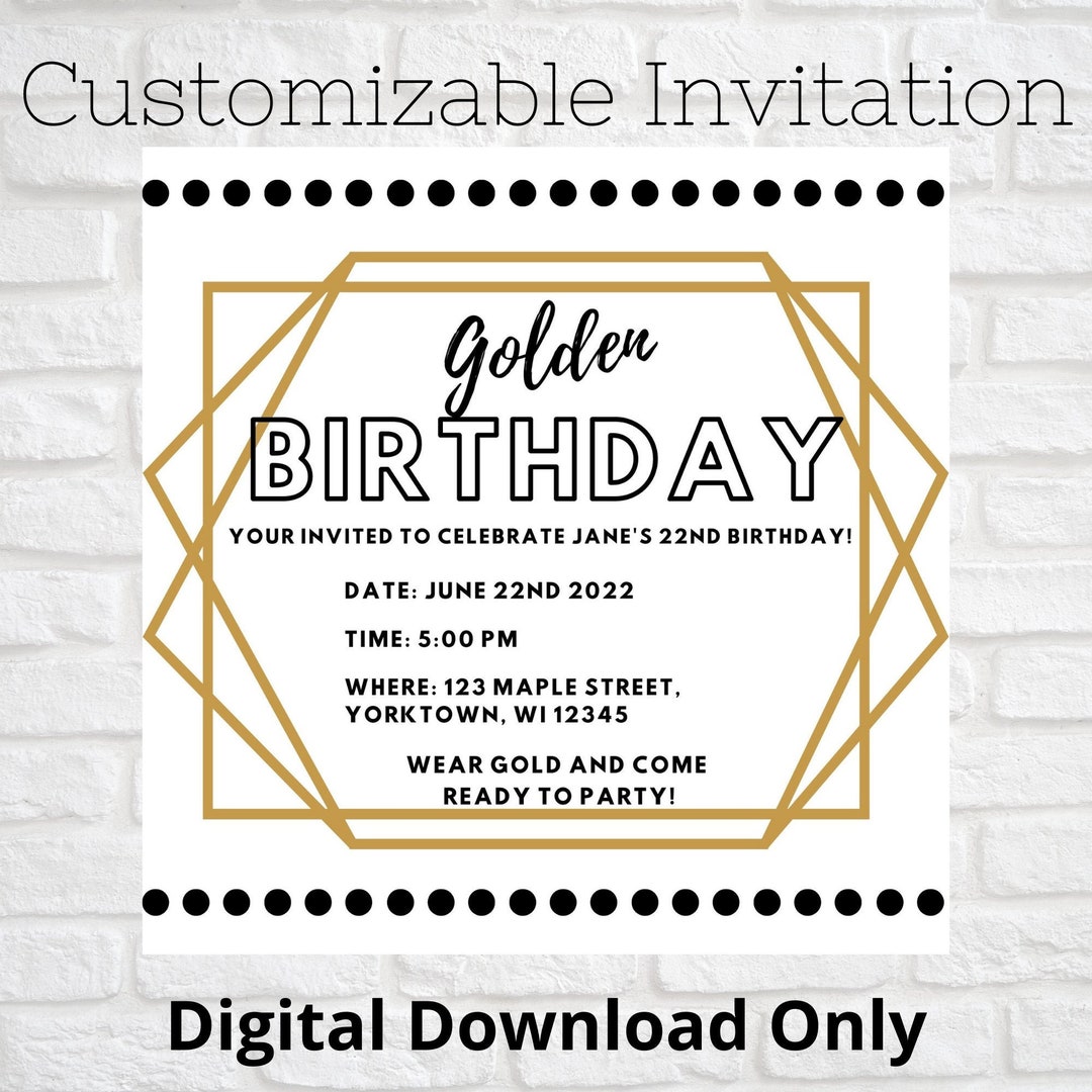 Golden Birthday Party Invitation Simple Geometric, Gold Square Shaped Golden Birthday Party Invitation Simple Geometric, Gold Square Shaped
