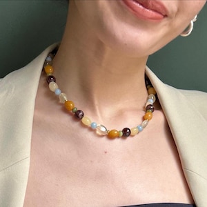 Multicolor Gemstone Choker Necklace – Citrine, Garnet & Quartz Beads – Handmade Minimal Jewelry Gift for Her