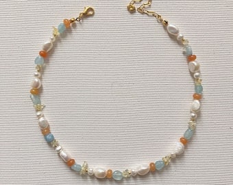 Gemstone necklace, minimalist necklace, freshwater pearl necklace, jewelry citrine, jade and aquamarine