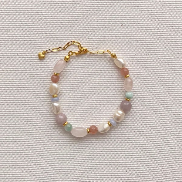 Bracelet de pierres précieuses Bijoux de bracelet de perles d'eau douce, quartz rose, calcédoine, larimar, kunzite et jade, cadeau de bracelet de cannelle pour les femmes