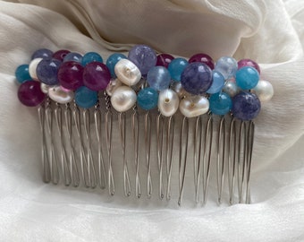 Handcrafted Hair Comb with Real Pearls & Natural Stone Accents | Unique Gemstone Hair Accessories