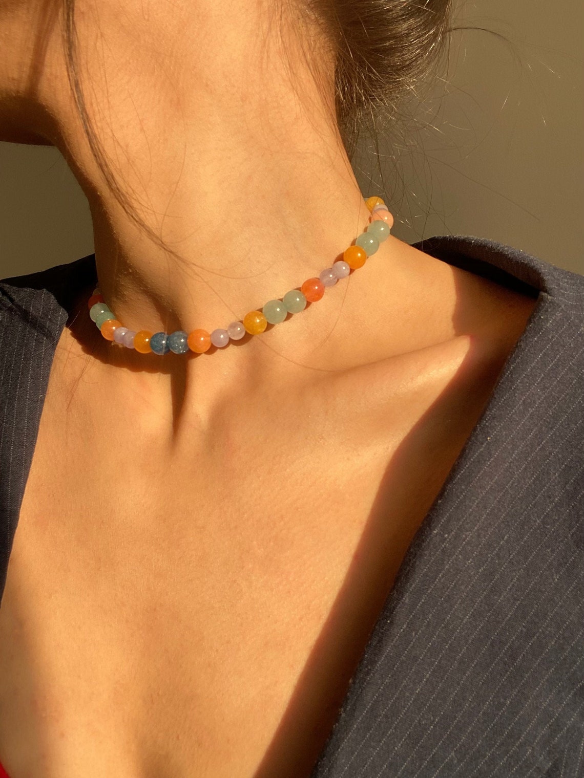 Natural Stone Necklace Multicolor Necklace Minimal Jewelry Etsy