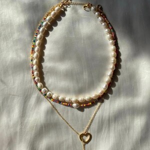 Peral necklace Freshwater pearl necklace, colorful bead and chain necklaces jewelry/ set of 3 image 2
