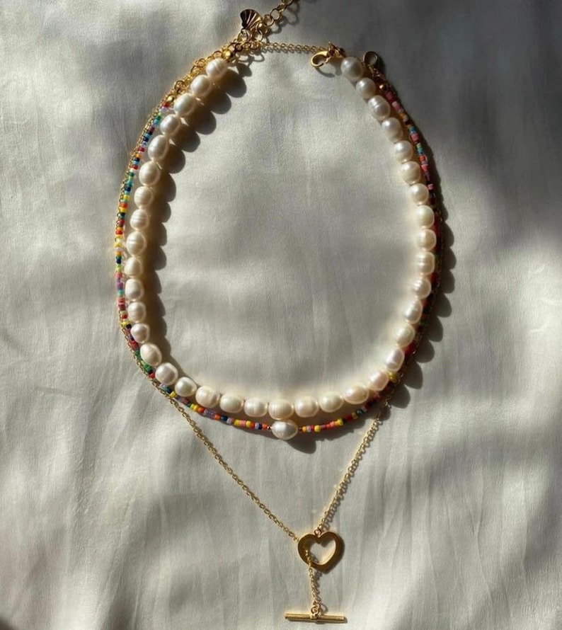 Peral necklace Freshwater pearl necklace, colorful bead and chain necklaces jewelry/ set of 3 image 2