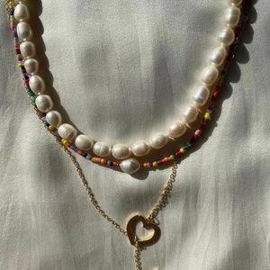 Peral necklace Freshwater pearl necklace, colorful bead and chain necklaces jewelry/ set of 3 image 4