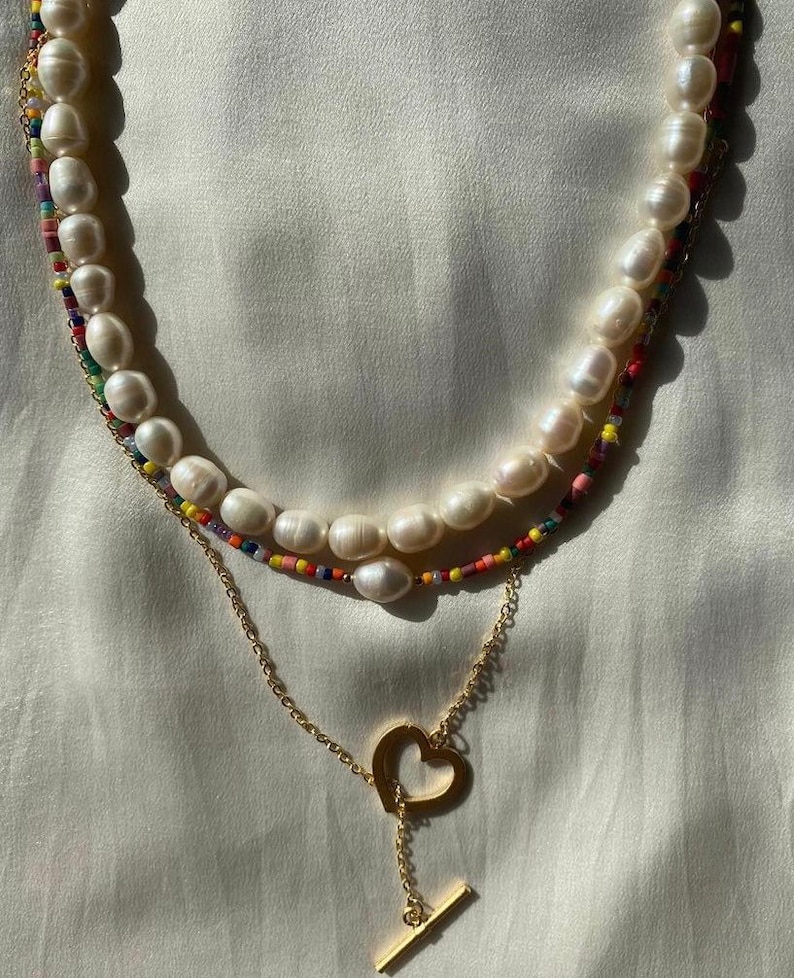 Peral necklace Freshwater pearl necklace, colorful bead and chain necklaces jewelry/ set of 3 image 4