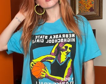 90s vintage blue neon 1991 Nebraska State High school girls basketball single stitch USA sports t shirt