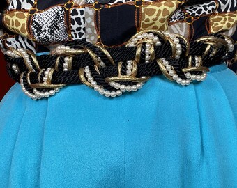 vintage 80s black gold beaded pearl plaited rope belt high waist