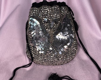 80s party bag 80s silver pouch bag 80s evening bag 80s butterfly bag sparkle bag 80s sequin bag festival vintage silver bag butterfly 80s