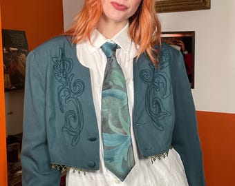 Blazer corto vintage reciclado con cuentas, de gran tamaño, en verde esmeralda de los años 80.