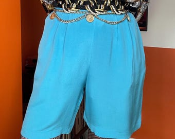 vintage 90s silk turquoise blue plain tapered shorts