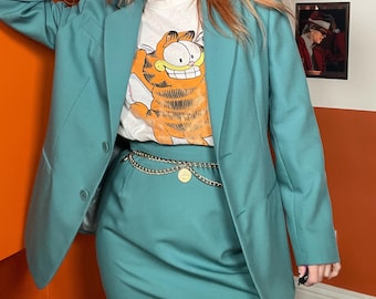 Vintage 90s two piece skirt suit green blazer mini skirt