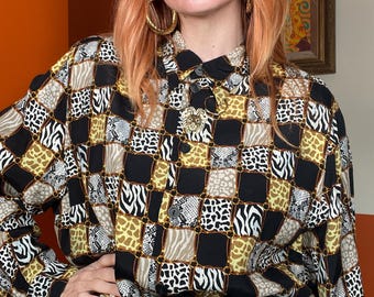 vintage 90s mixed animal print patchwork zebra leopard giraffe safari blouse shirt