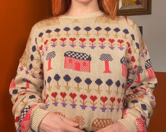 Jersey de punto beige con estampado de plantas de interior y árbol, estilo vintage de los 90.