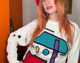 Jersey vintage abstracto blanco con purpurina colorida de los años 80