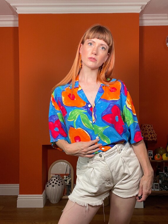 vintage 90s shirt 90s blue large print floral shirt floral 90s shirt tropical floral summer shirt 90s bold bright colourful flower shirt