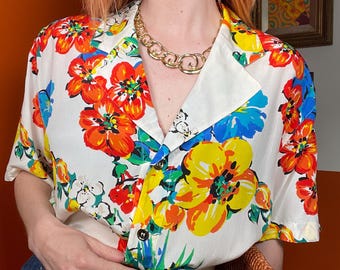 vintage 80s Escada designer silk floral tropical summer spring blouse shirt