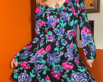 vintage 90s black floral oversized sailor collar playsuit