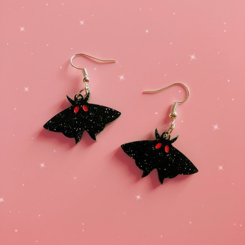 Sparkly Mothman Cryptid Black Acrylic Earrings // Moth Insect Witch Spooky Monster Creepy Weird Funky Halloween Jewelry 