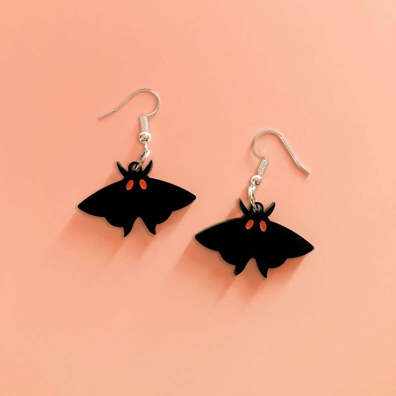 Mothman Cryptid Black Acrylic Earrings // Moth Insect Witch Spooky Monster Creepy Weird Funky Halloween Jewelry 