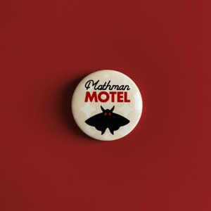 Mothman Motel Retro Style Button // Cryptid Cryptozoology Vintage Style Typography Pin