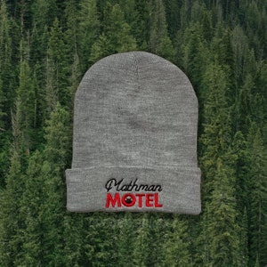 Mothman Motel Embroidered Beanie Hat // Kitschy Cryptid Spooky Retro Funny Novelty Fall Winter Gift