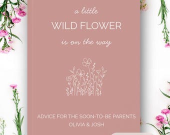 Gästbok med vilda blommor till babyshowern - råd för föräldrar, babybok med torkade blommor, bohemisk babyshower, personlig present, blommig babydagbok