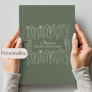 May include: A green hardback recipe book with a white outline of kitchen utensils and the text "Olivia's Recipe Collection".
