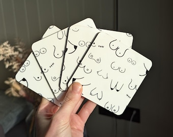 Boob Coasters - Pack of 4 Boobie Drink Coasters, Black & White Home Décor, Breast Cancer Awareness Cork Coasters and Tableware, Boho Ascents