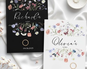 Personalised Wedding Vow Book, Luxury Vow Booklets, Wild Flower Vow Journals, Bride Groom Keepsake, Neutral Flower Wedding Gift For Bride