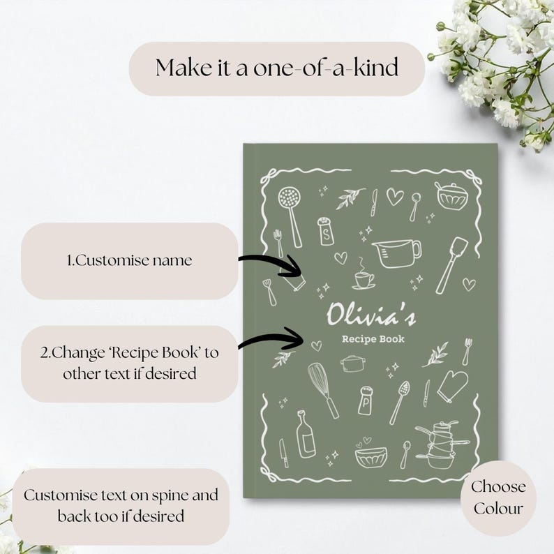 Puede incluir: Un libro de recetas verde salvia con ilustraciones blancas de utensilios de cocina y alimentos. La portada presenta el nombre "Olivia's" y el texto "Recipe Book". El texto "Make it a one-of-a-kind" est&aacute; en la parte superior.