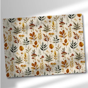 May include: A beige background with a repeating pattern of brown mushrooms, green ferns, and yellow leaves.