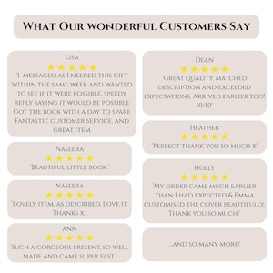 May include: A customer review graphic titled WHAT OUR WONDERFUL CUSTOMERS SAY, featuring six testimonials from Lisa, Dean, Heather, Naseera, Holly, and Ann. Each review includes five yellow stars and text praising the quality, service, and customization.