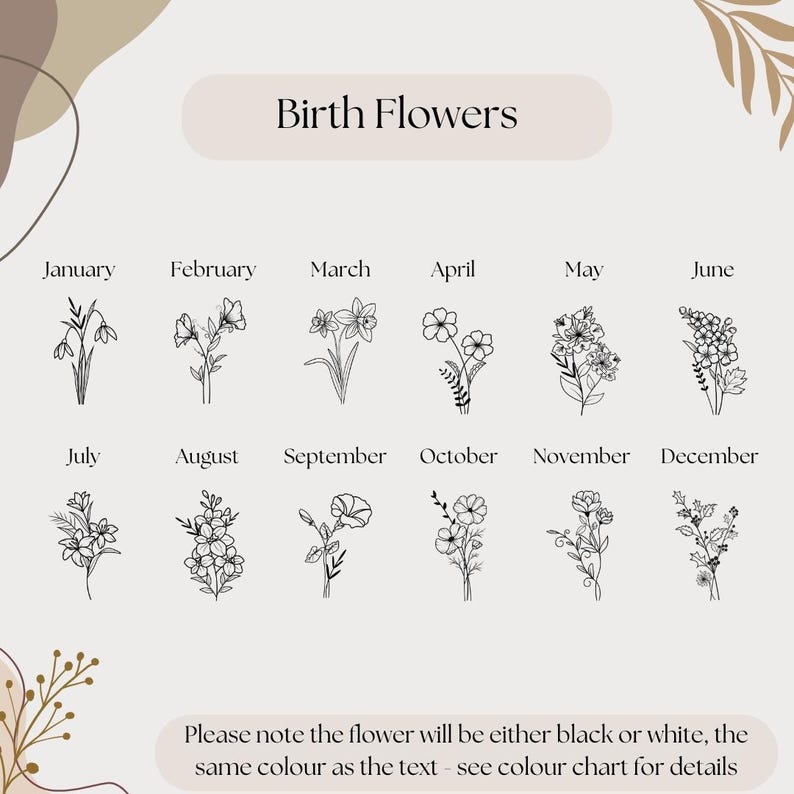 May include: A beige graphic with the text "Birth Flowers" and illustrations of flowers representing each month. The text below reads "Please note the flower will be either black or white, the same colour as the text - see colour chart for details."