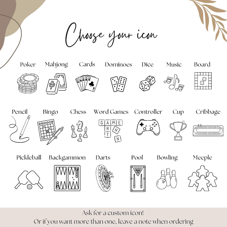 May include: A grid of black line art icons labeled Choose your icon, featuring Poker, Mahjong, Cards, Dominoes, Dice, Music, Board, Pencil, Bingo, Chess, Word Games, Controller, Cup, Cribbage, Pickleball, Backgammon, Darts, Pool, Bowling, and Meeple.