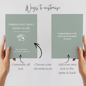 May include: Two sage green scorebooks with white text and a playing card icon. The left book reads MARRIAGE ISN'T ABOUT KEEPING SCORE (UNLESS IT'S GAME NIGHT) and MR & MRS SMITH'S GAME NIGHT SCORE BOOK. The right book reads Congratulations to the newly married couple! 20.06.26.
