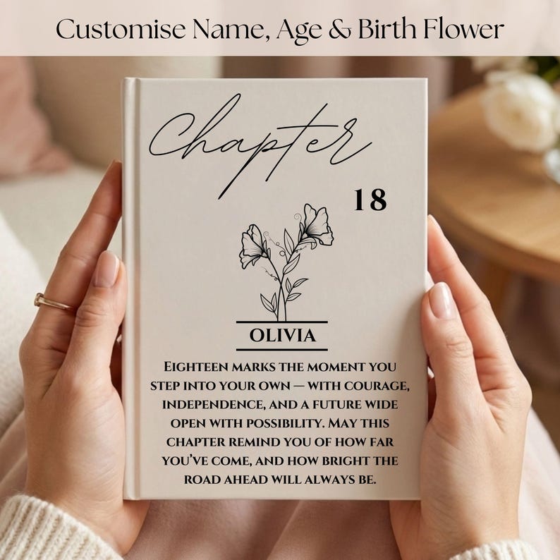 18th Birthday Gift for Her or Him-Chapter 18 Name Journal, Birth Month Flower Notebook, Personalized Birthday Gift for 18 Year Old Daughter image 1