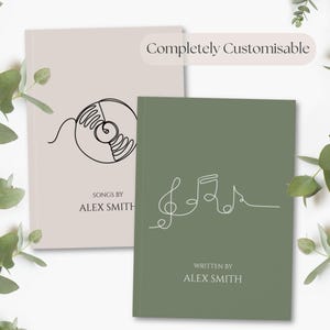 May include: Two hardcover notebooks. One is beige with a vinyl record design, the other is green with musical notes. Both feature minimalist line art. The text "Songs by Alex Smith" and "Written by Alex Smith" are visible. The text "Completely Customisable" is also visible.