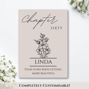 May include: A personalised book cover with the text "Chapter Sixty" in elegant script. Below, a floral illustration and the name "Linda" are featured. The phrase "Your story keeps getting more beautiful" is also included. The words "COMPLETELY CUSTOMISABLE!" are at the bottom.