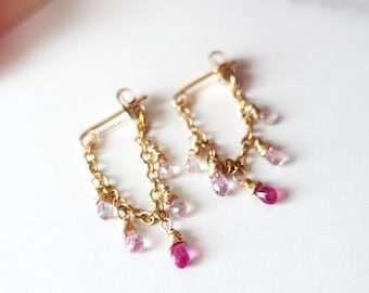 Pink Sapphire Gold Fill Dangle Earrings, Boho Gemstone Studs