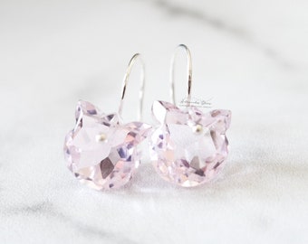 Kattenoorbellen roze kristal, sterlingzilveren kawaii-sieraden