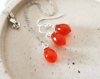 Carnelian Jewelry Set, Sterling Silver Necklace and Earrings, Gift for Her