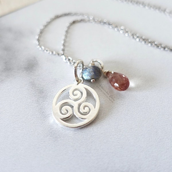 Pendentif triskèle en argent sterling, collier de charmes et breloques pierre semi précieuse, labradorite rouge, symbole celtique Bretagne